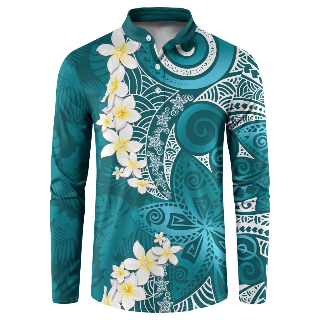 Cyan Polynesian Tribal Frangipani Tropical Vibe Button Sweatshirt