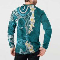 Cyan Polynesian Tribal Frangipani Tropical Vibe Button Sweatshirt