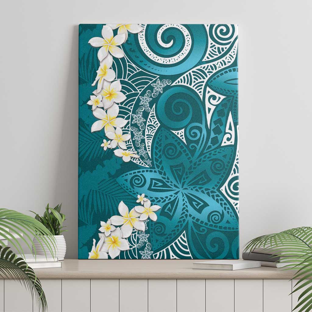 Cyan Polynesian Tribal Frangipani Tropical Vibe Canvas Wall Art