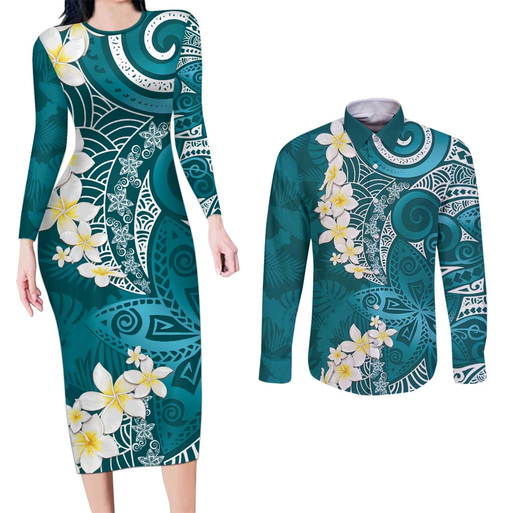 Cyan Polynesian Tribal Frangipani Tropical Vibe Couples Matching Long Sleeve Bodycon Dress and Long Sleeve Button Shirt