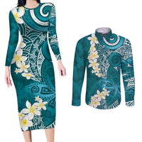 Cyan Polynesian Tribal Frangipani Tropical Vibe Couples Matching Long Sleeve Bodycon Dress and Long Sleeve Button Shirt