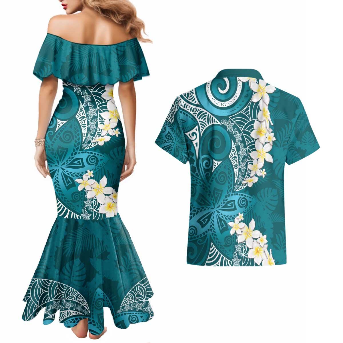 Cyan Polynesian Tribal Frangipani Tropical Vibe Couples Matching Mermaid Dress and Hawaiian Shirt