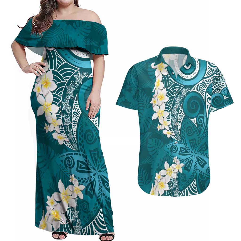 Cyan Polynesian Tribal Frangipani Tropical Vibe Couples Matching Off Shoulder Maxi Dress and Hawaiian Shirt