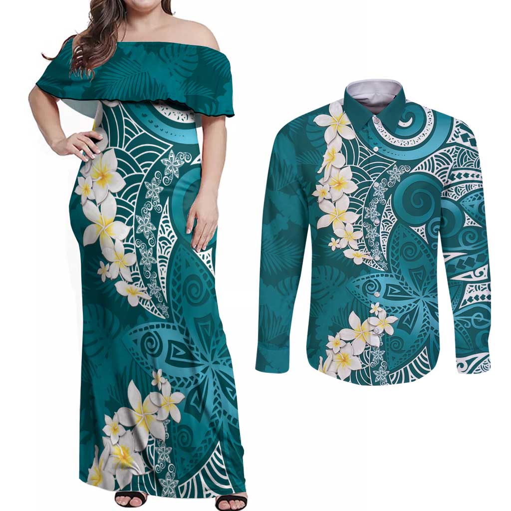 Cyan Polynesian Tribal Frangipani Tropical Vibe Couples Matching Off Shoulder Maxi Dress and Long Sleeve Button Shirt