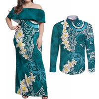 Cyan Polynesian Tribal Frangipani Tropical Vibe Couples Matching Off Shoulder Maxi Dress and Long Sleeve Button Shirt