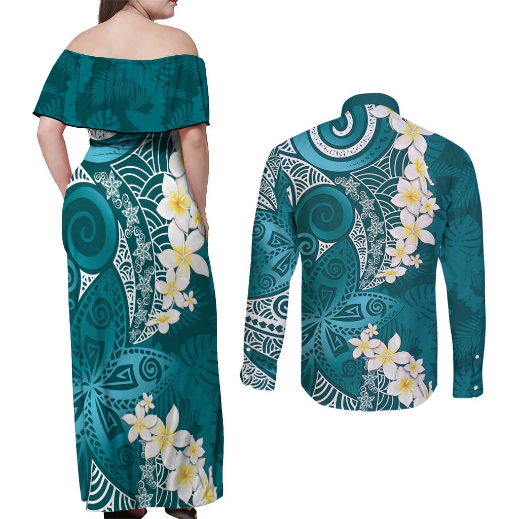 Cyan Polynesian Tribal Frangipani Tropical Vibe Couples Matching Off Shoulder Maxi Dress and Long Sleeve Button Shirt