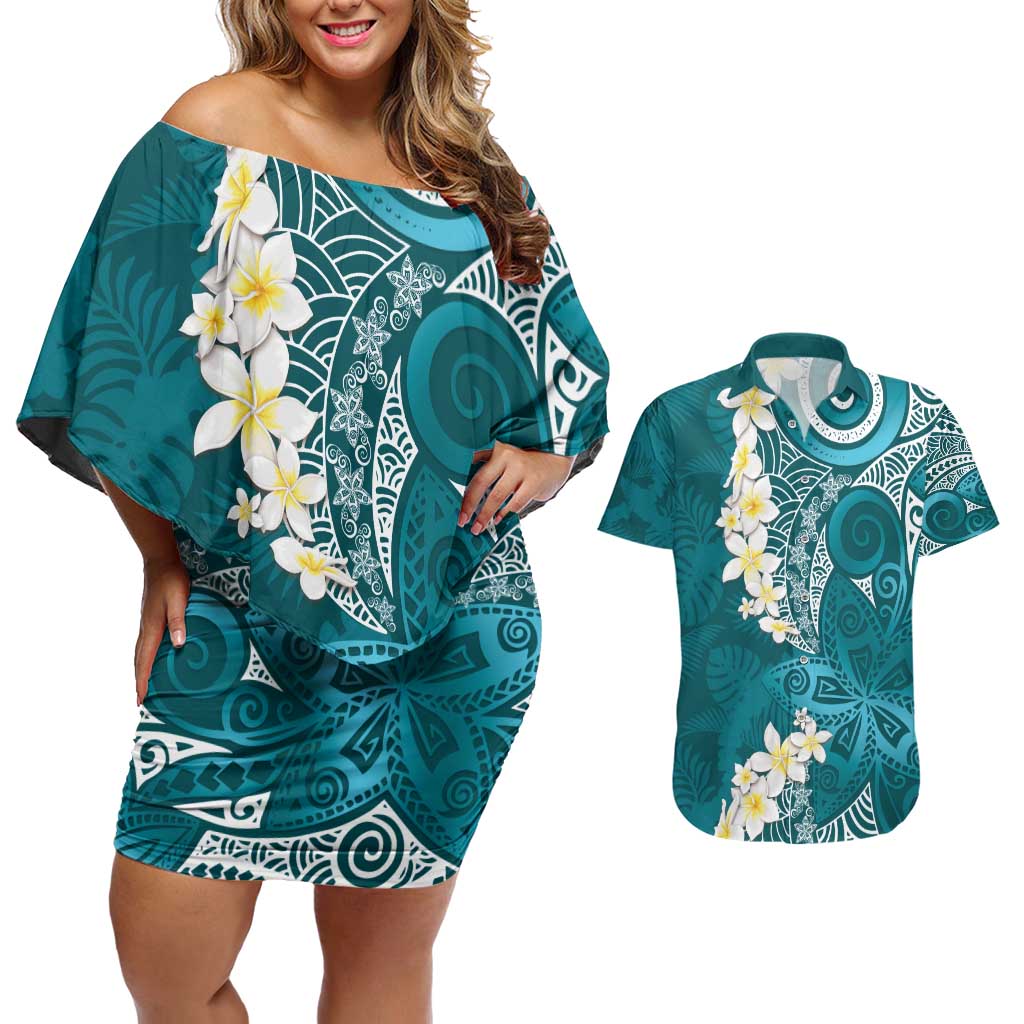 Cyan Polynesian Tribal Frangipani Tropical Vibe Couples Matching Off Shoulder Short Dress and Hawaiian Shirt