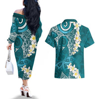 Cyan Polynesian Tribal Frangipani Tropical Vibe Couples Matching Off The Shoulder Long Sleeve Dress and Hawaiian Shirt