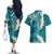 Cyan Polynesian Tribal Frangipani Tropical Vibe Couples Matching Off The Shoulder Long Sleeve Dress and Hawaiian Shirt