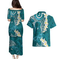 Cyan Polynesian Tribal Frangipani Tropical Vibe Couples Matching Puletasi and Hawaiian Shirt