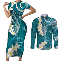 Cyan Polynesian Tribal Frangipani Tropical Vibe Couples Matching Short Sleeve Bodycon Dress and Long Sleeve Button Shirt
