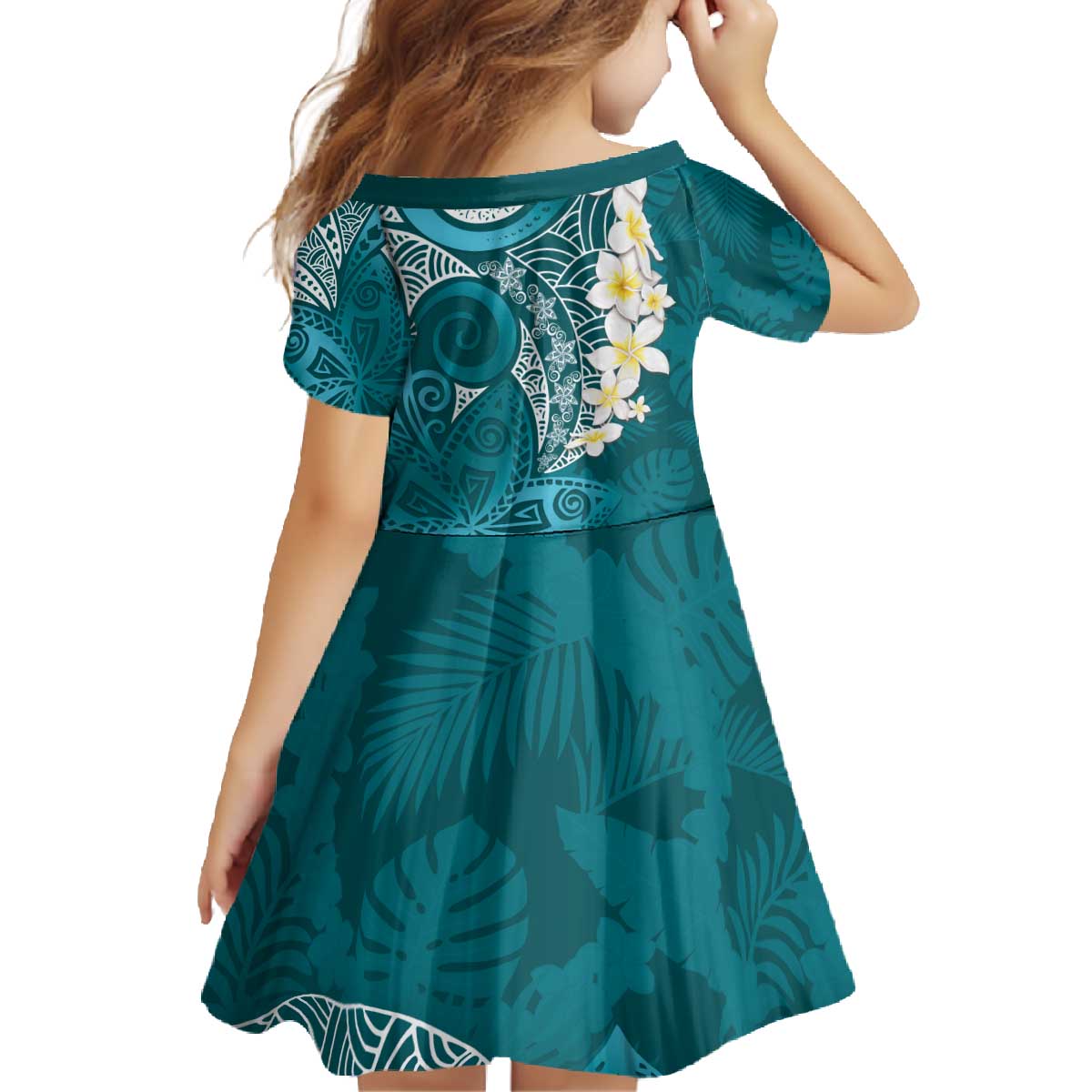 Cyan Polynesian Tribal Frangipani Tropical Vibe Family Matching Off The Shoulder Long Sleeve Dress and Hawaiian Shirt