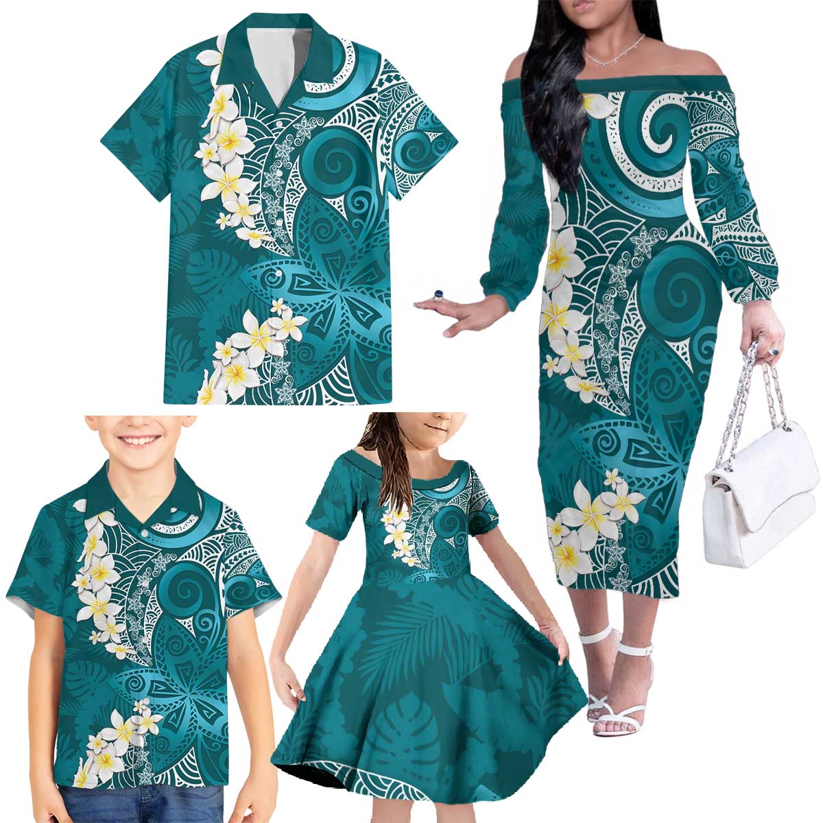 Cyan Polynesian Tribal Frangipani Tropical Vibe Family Matching Off The Shoulder Long Sleeve Dress and Hawaiian Shirt