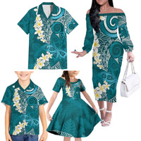 Cyan Polynesian Tribal Frangipani Tropical Vibe Family Matching Off The Shoulder Long Sleeve Dress and Hawaiian Shirt