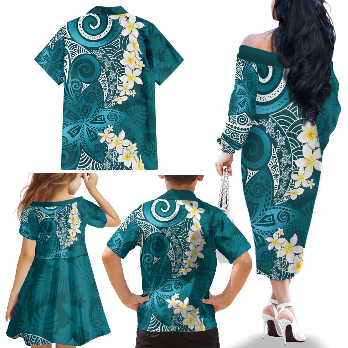 Cyan Polynesian Tribal Frangipani Tropical Vibe Family Matching Off The Shoulder Long Sleeve Dress and Hawaiian Shirt