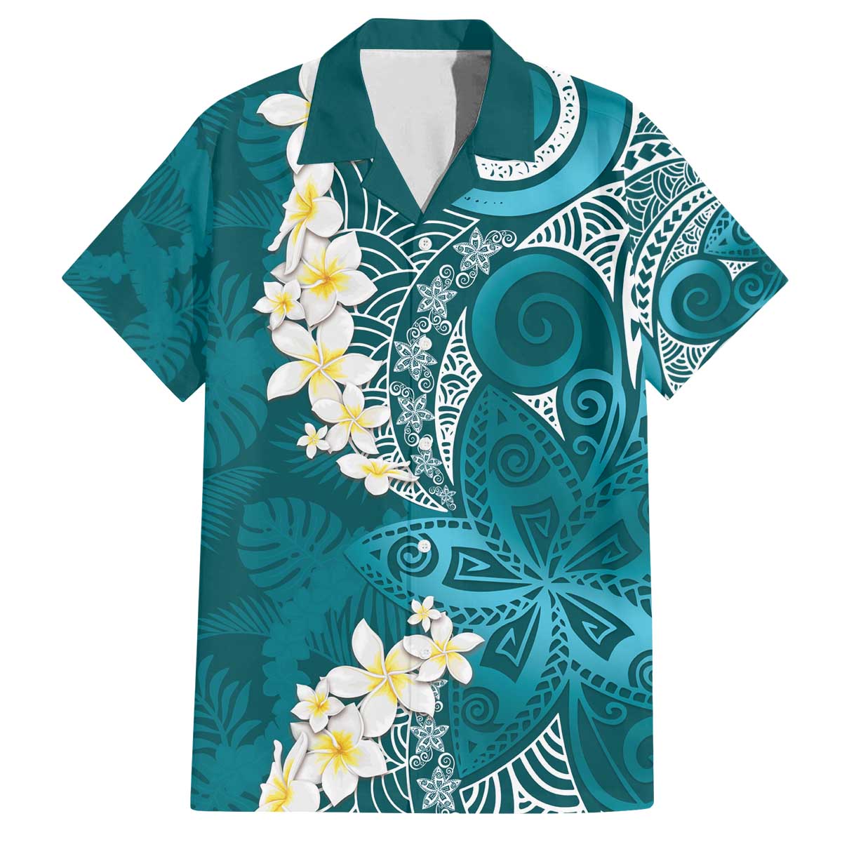 Cyan Polynesian Tribal Frangipani Tropical Vibe Family Matching Off The Shoulder Long Sleeve Dress and Hawaiian Shirt