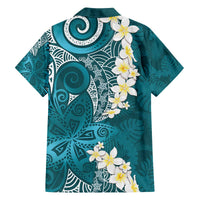 Cyan Polynesian Tribal Frangipani Tropical Vibe Family Matching Off The Shoulder Long Sleeve Dress and Hawaiian Shirt