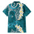 Cyan Polynesian Tribal Frangipani Tropical Vibe Family Matching Off The Shoulder Long Sleeve Dress and Hawaiian Shirt