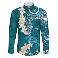 Cyan Polynesian Tribal Frangipani Tropical Vibe Family Matching Off The Shoulder Long Sleeve Dress and Hawaiian Shirt