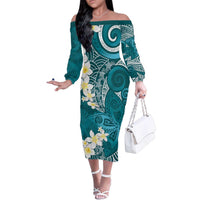 Cyan Polynesian Tribal Frangipani Tropical Vibe Family Matching Off The Shoulder Long Sleeve Dress and Hawaiian Shirt
