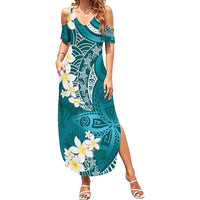 Cyan Polynesian Tribal Frangipani Tropical Vibe Family Matching Summer Maxi Dress and Hawaiian Shirt