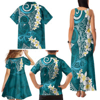 Cyan Polynesian Tribal Frangipani Tropical Vibe Family Matching Tank Maxi Dress and Hawaiian Shirt