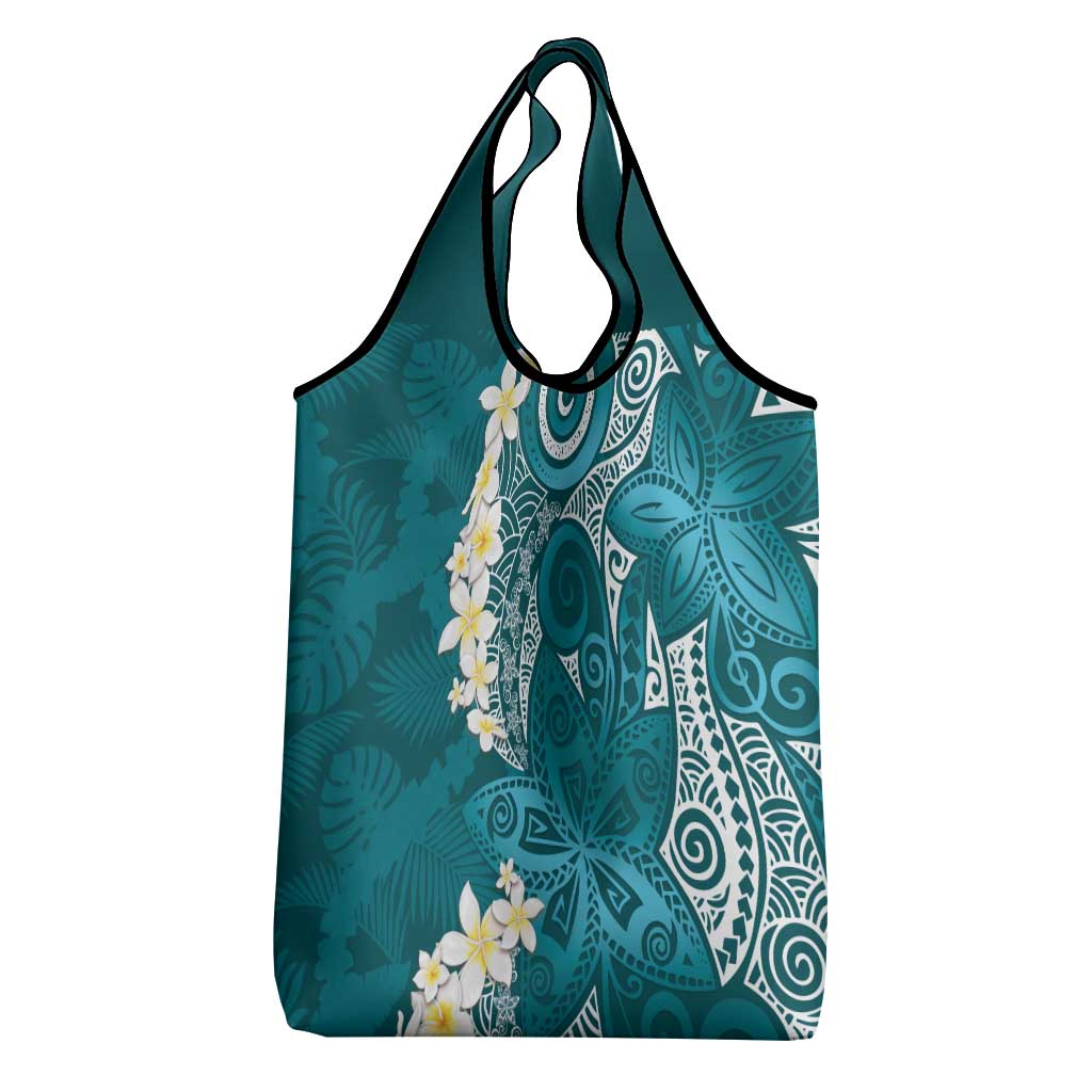 Cyan Polynesian Tribal Frangipani Tropical Vibe Grocery Bag
