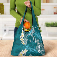 Cyan Polynesian Tribal Frangipani Tropical Vibe Grocery Bag