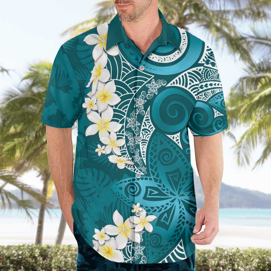 Cyan Polynesian Tribal Frangipani Tropical Vibe Hawaiian Shirt