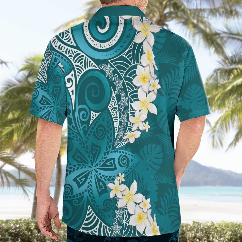Cyan Polynesian Tribal Frangipani Tropical Vibe Hawaiian Shirt