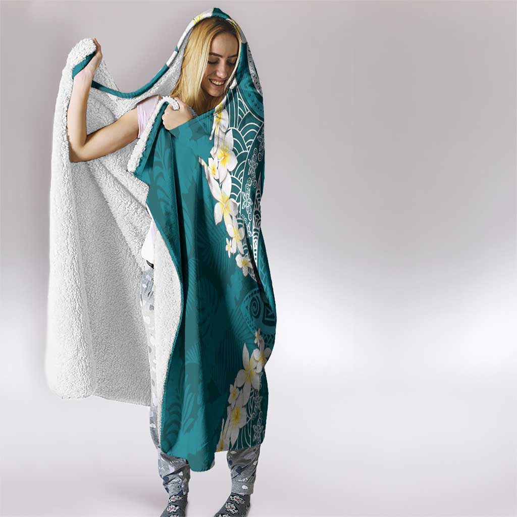 Cyan Polynesian Tribal Frangipani Tropical Vibe Hooded Blanket