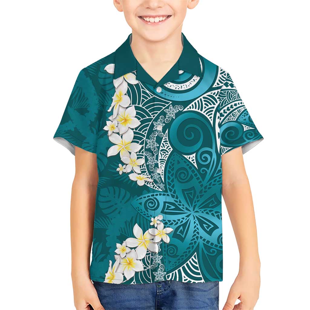 Cyan Polynesian Tribal Frangipani Tropical Vibe Kid Hawaiian Shirt