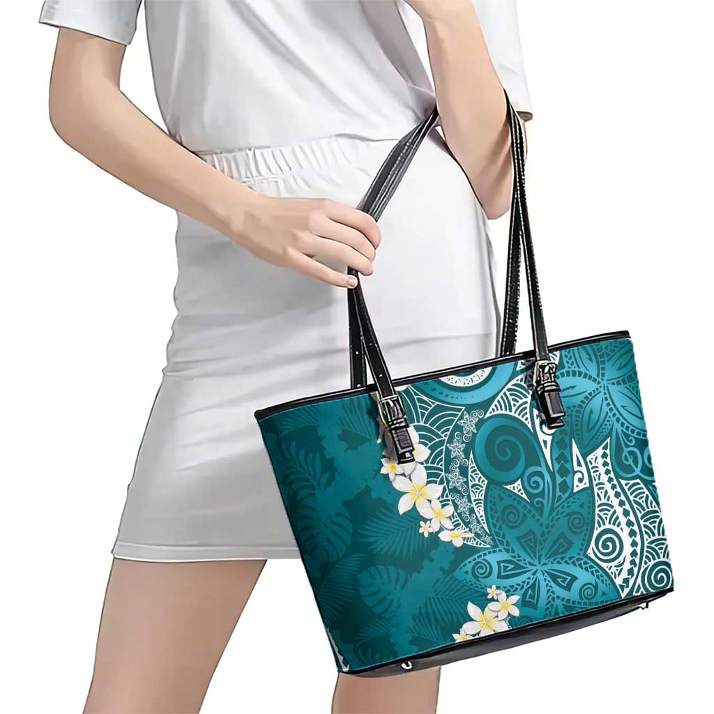 Cyan Polynesian Tribal Frangipani Tropical Vibe Leather Tote Bag