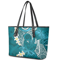 Cyan Polynesian Tribal Frangipani Tropical Vibe Leather Tote Bag