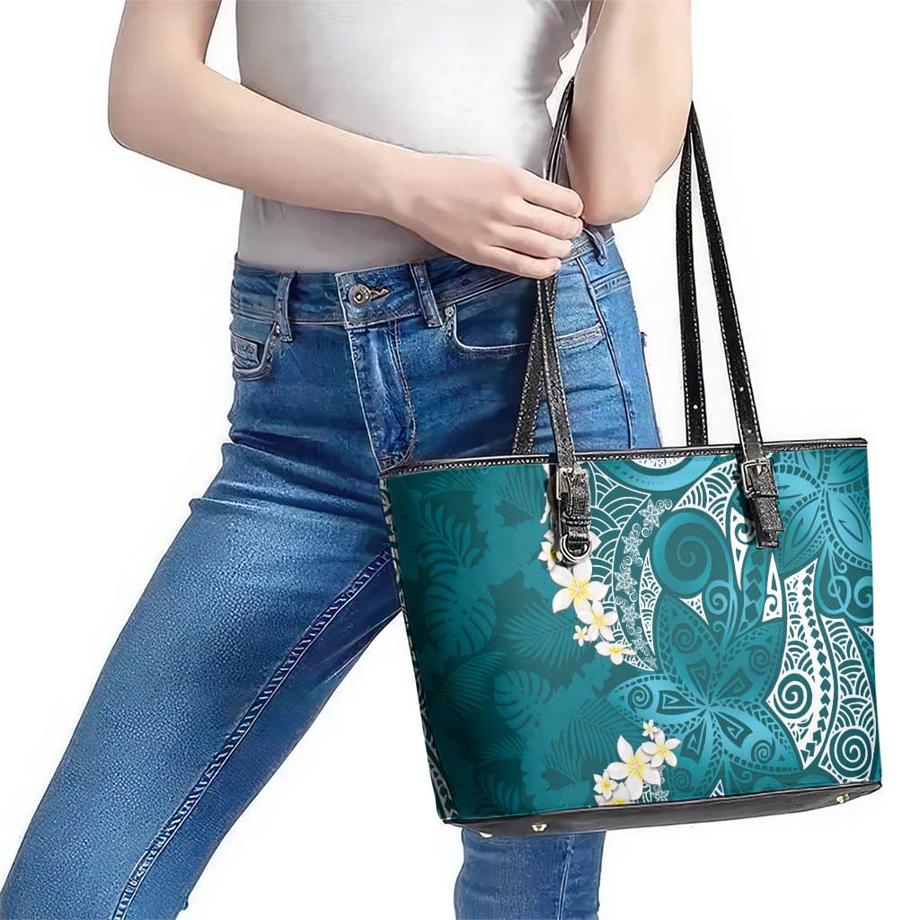 Cyan Polynesian Tribal Frangipani Tropical Vibe Leather Tote Bag