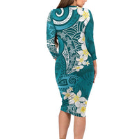Cyan Polynesian Tribal Frangipani Tropical Vibe Long Sleeve Bodycon Dress