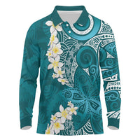 Cyan Polynesian Tribal Frangipani Tropical Vibe Long Sleeve Polo Shirt