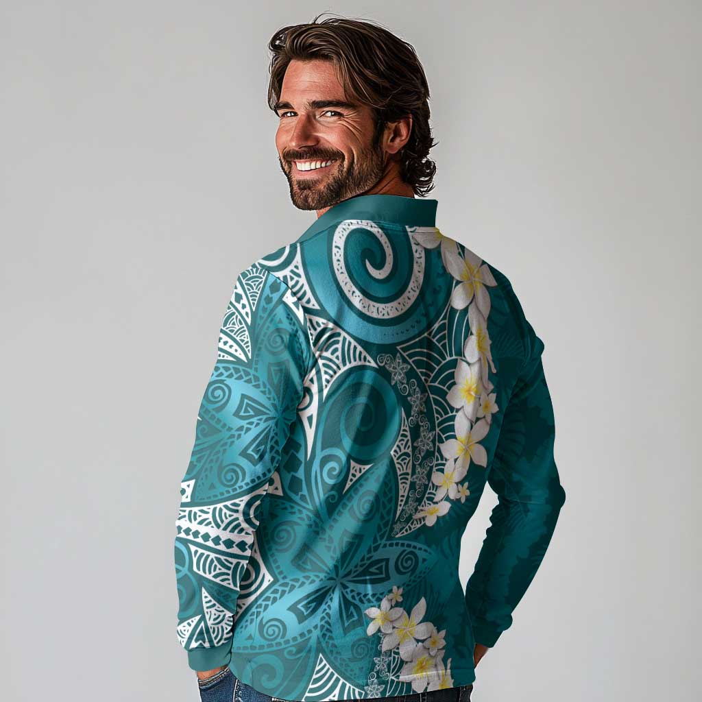 Cyan Polynesian Tribal Frangipani Tropical Vibe Long Sleeve Polo Shirt