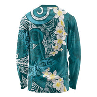 Cyan Polynesian Tribal Frangipani Tropical Vibe Long Sleeve Shirt