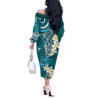 Cyan Polynesian Tribal Frangipani Tropical Vibe Off The Shoulder Long Sleeve Dress