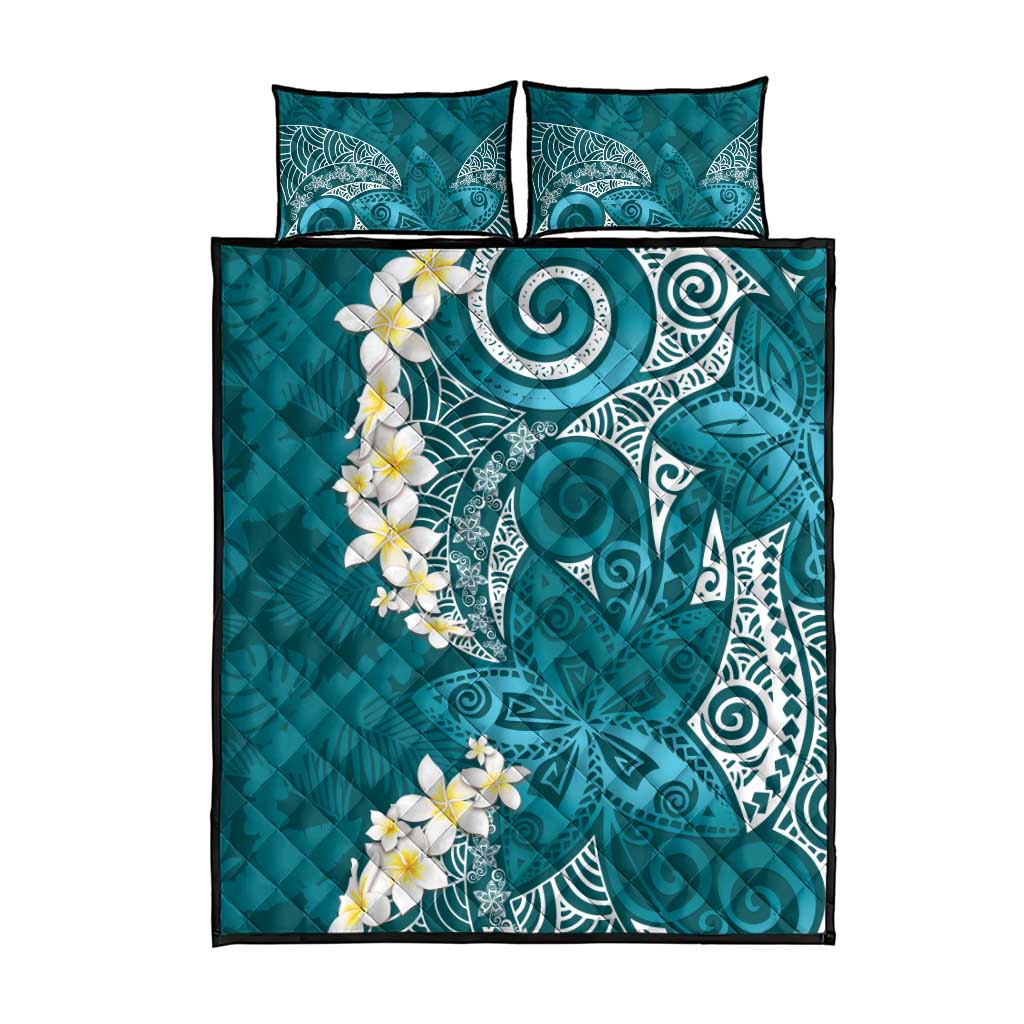 Cyan Polynesian Tribal Frangipani Tropical Vibe Quilt Bed Set
