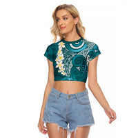 Cyan Polynesian Tribal Frangipani Tropical Vibe Raglan Cropped T Shirt