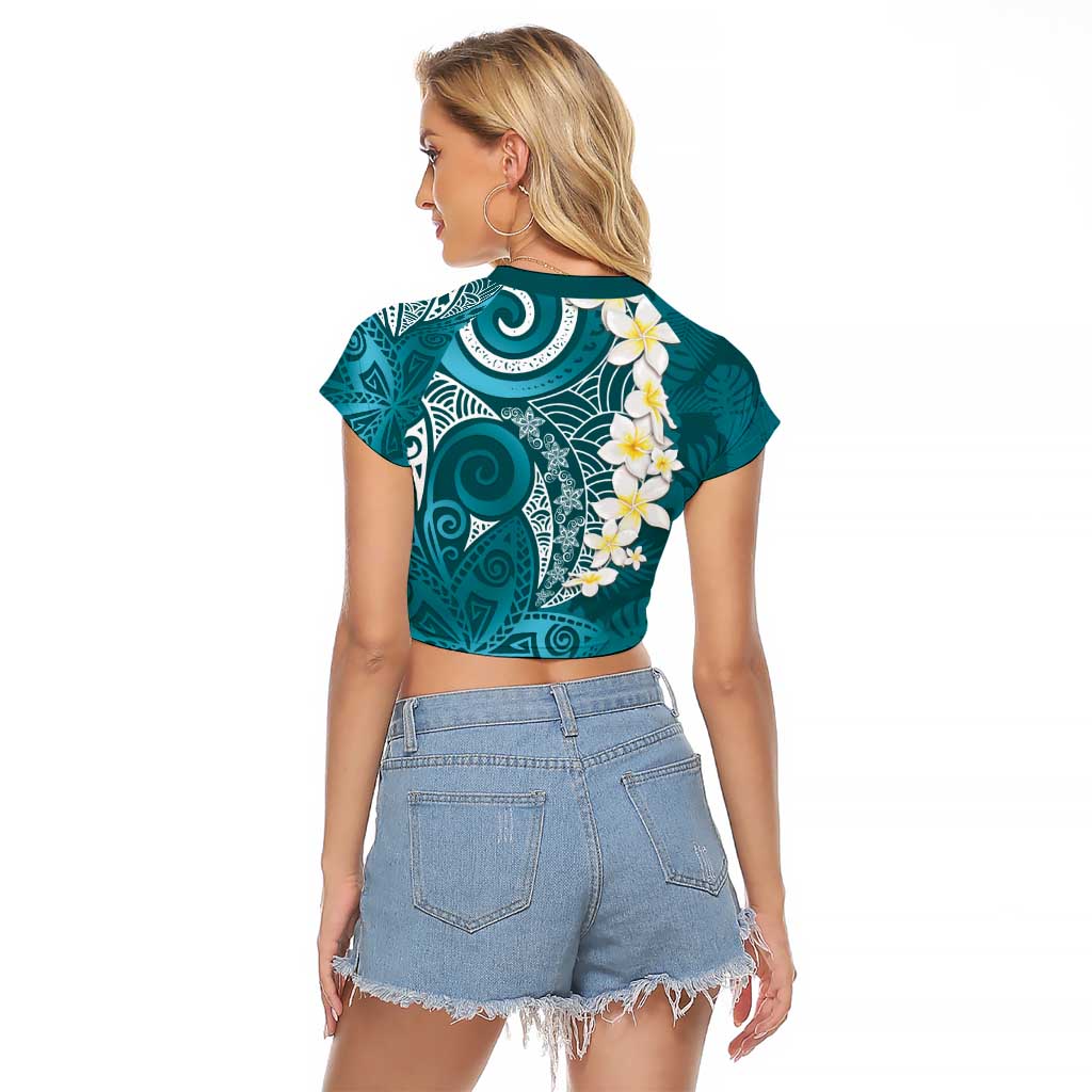 Cyan Polynesian Tribal Frangipani Tropical Vibe Raglan Cropped T Shirt