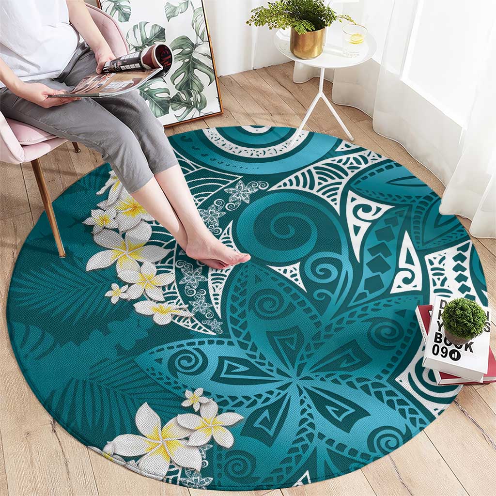 Cyan Polynesian Tribal Frangipani Tropical Vibe Round Carpet LT14 - Polynesian Pride
