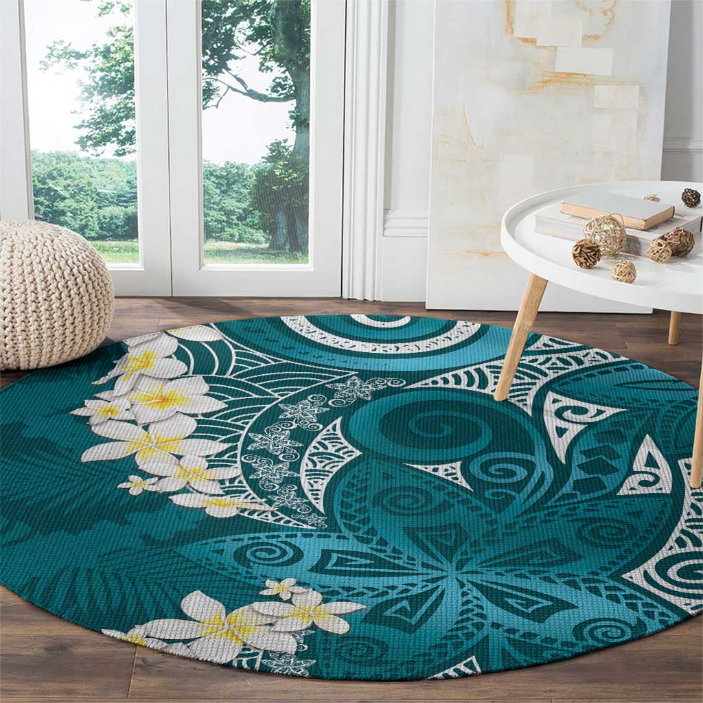 Cyan Polynesian Tribal Frangipani Tropical Vibe Round Carpet LT14 - Polynesian Pride