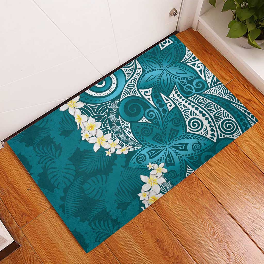 Cyan Polynesian Tribal Frangipani Tropical Vibe Rubber Doormat