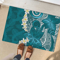 Cyan Polynesian Tribal Frangipani Tropical Vibe Rubber Doormat