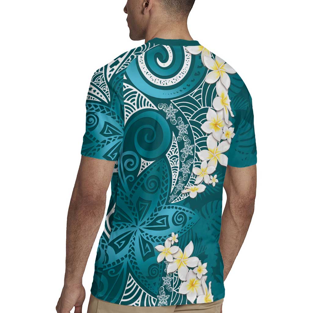 Cyan Polynesian Tribal Frangipani Tropical Vibe Rugby Jersey