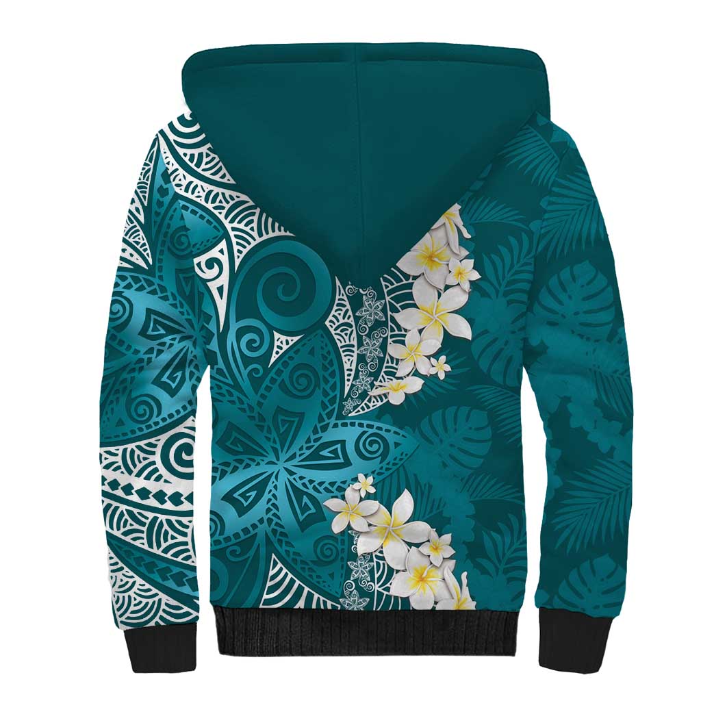 Cyan Polynesian Tribal Frangipani Tropical Vibe Sherpa Hoodie