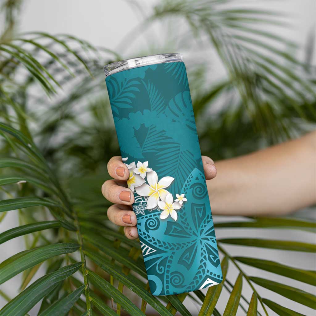 Cyan Polynesian Tribal Frangipani Tropical Vibe Skinny Tumbler